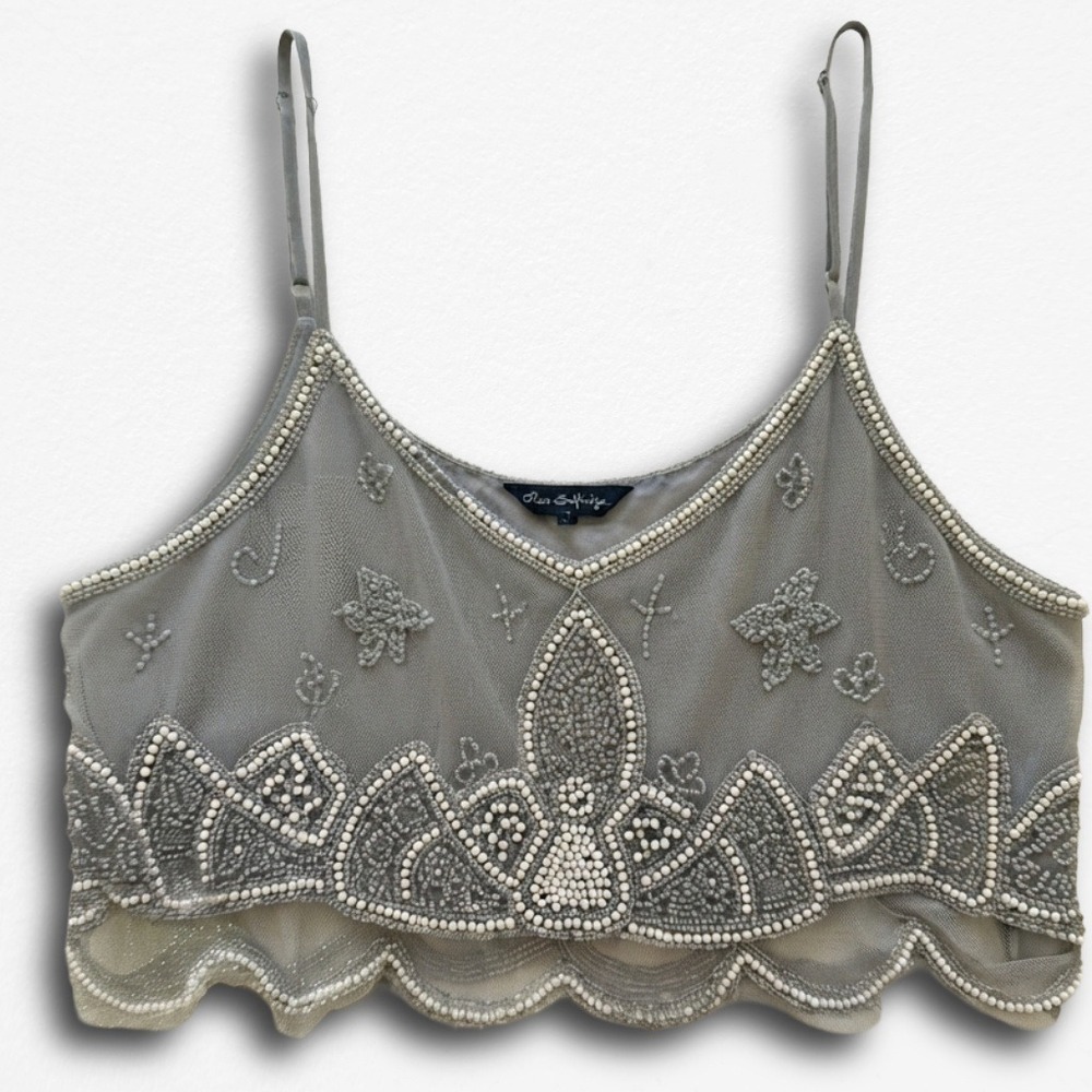 Miss Selfridge Grey Beaded Mesh Crop Cami Top Scalloped Sequin Festival Size 16